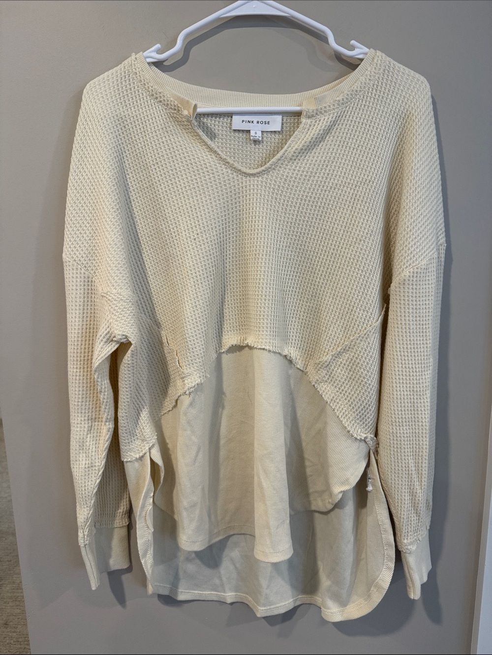 Pink Rose Cream Layered Waffle-Knit Distressed Pullover